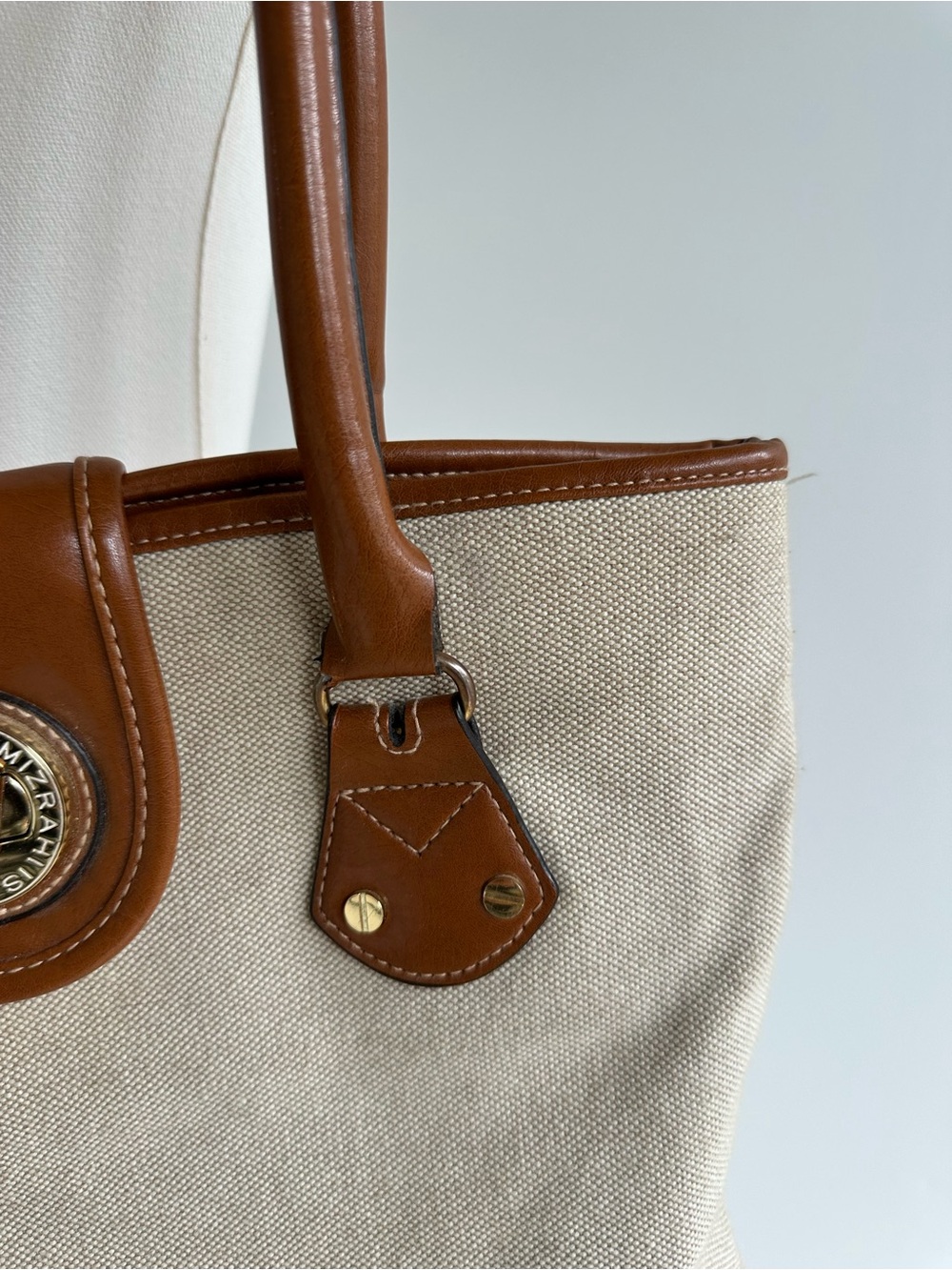 Isaac Mizrahi Beige Canvas Tote with Brown Faux Leather Trim - Picture 4 of 12